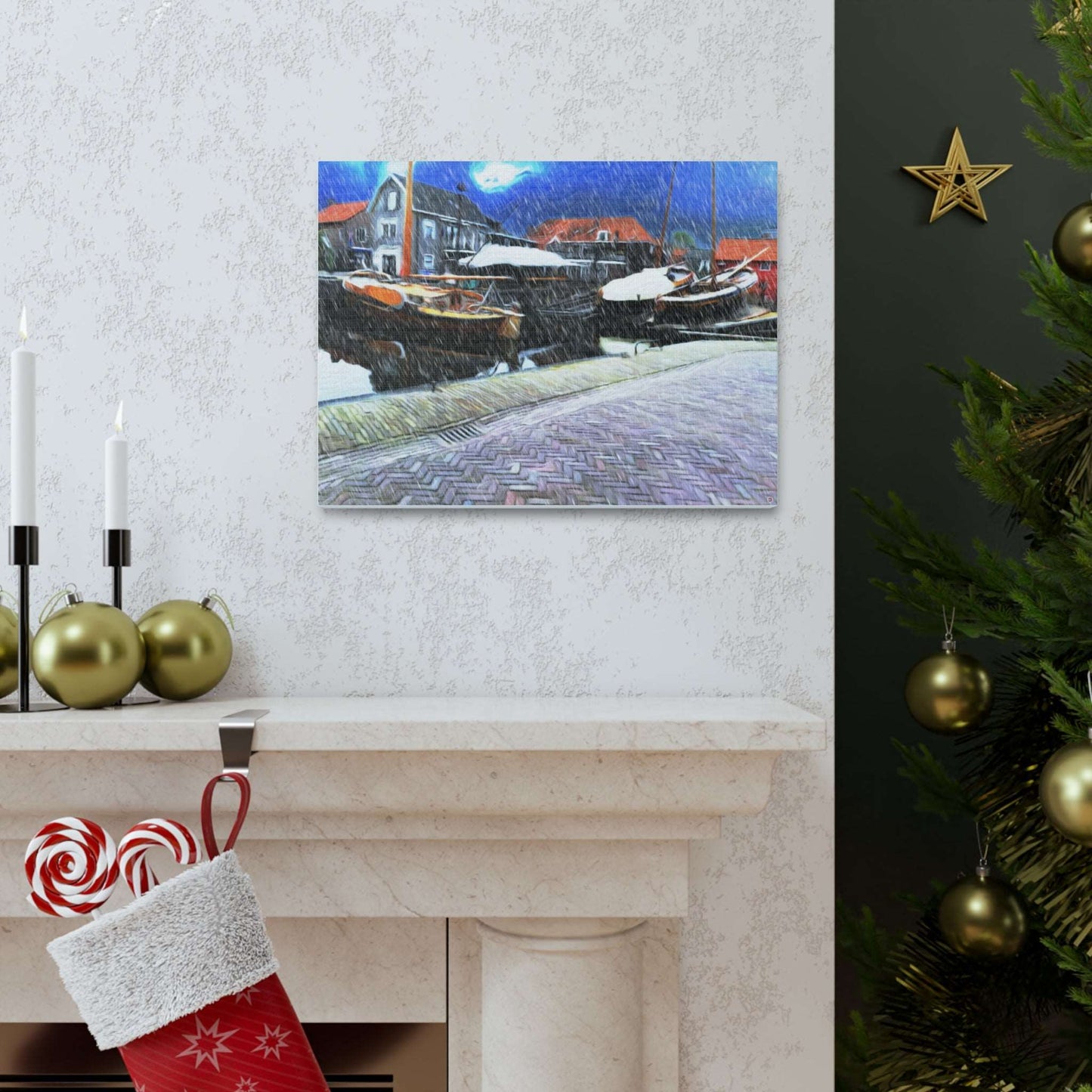 Just Being You, Your Way!-Canvas Wall Art | Fishing village in a snow storm-Canvas Print - FVSS P0P1P2P3