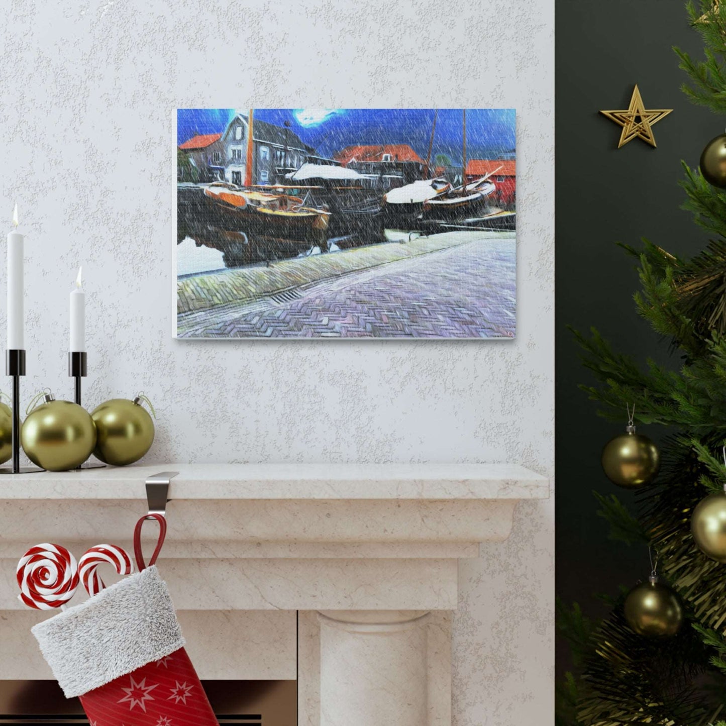 Just Being You, Your Way!-Canvas Wall Art | Fishing village in a snow storm-Canvas Print - FVSS P0P1P2P3