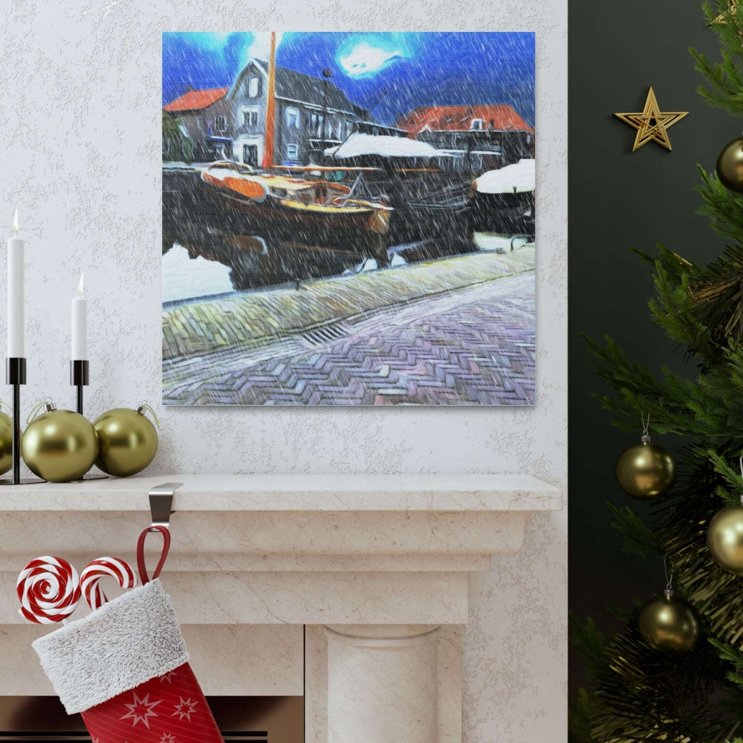 Just Being You, Your Way!-Canvas Wall Art | Fishing village in a snow storm-Canvas Print - FVSS P0P1P2P3