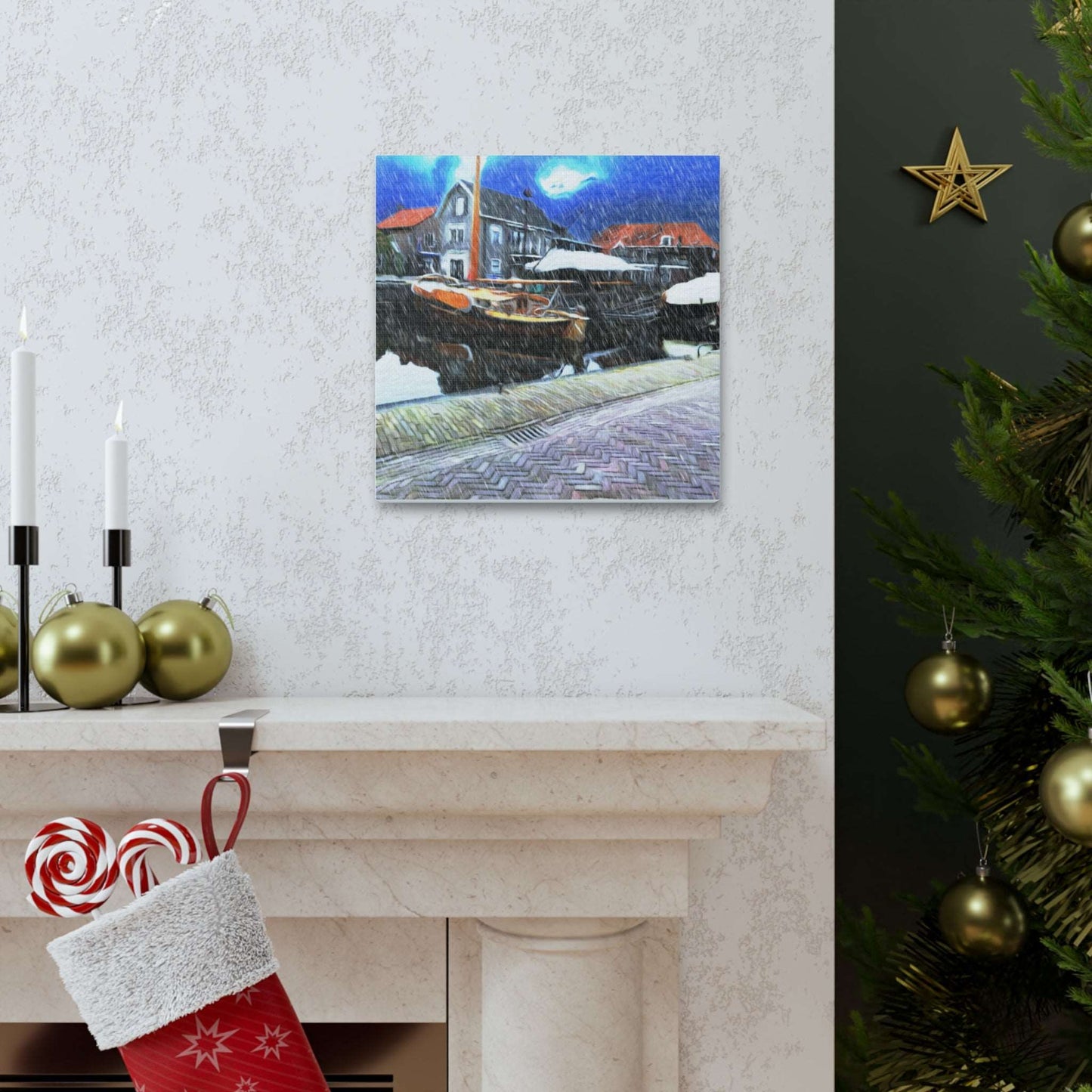 Just Being You, Your Way!-Canvas Wall Art | Fishing village in a snow storm-Canvas Print - FVSS P0P1P2P3