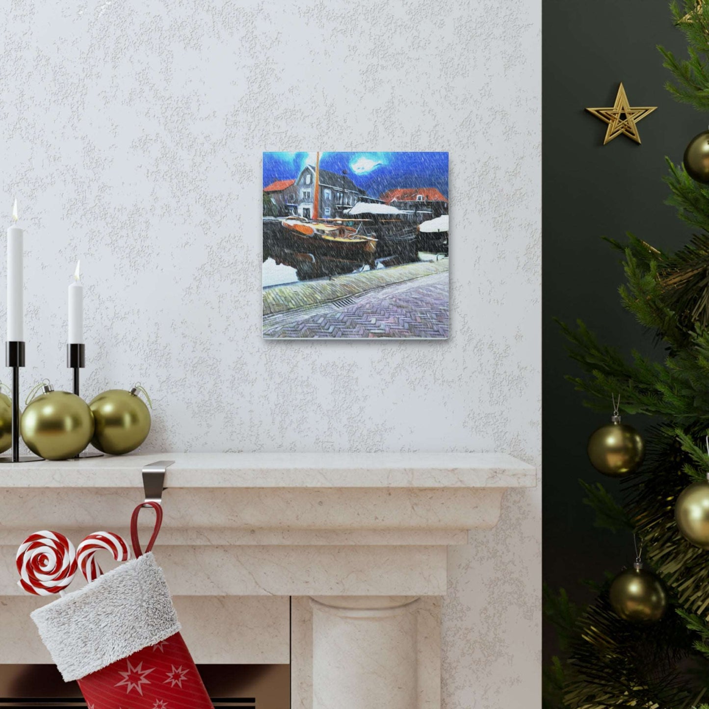 Just Being You, Your Way!-Canvas Wall Art | Fishing village in a snow storm-Canvas Print - FVSS P0P1P2P3