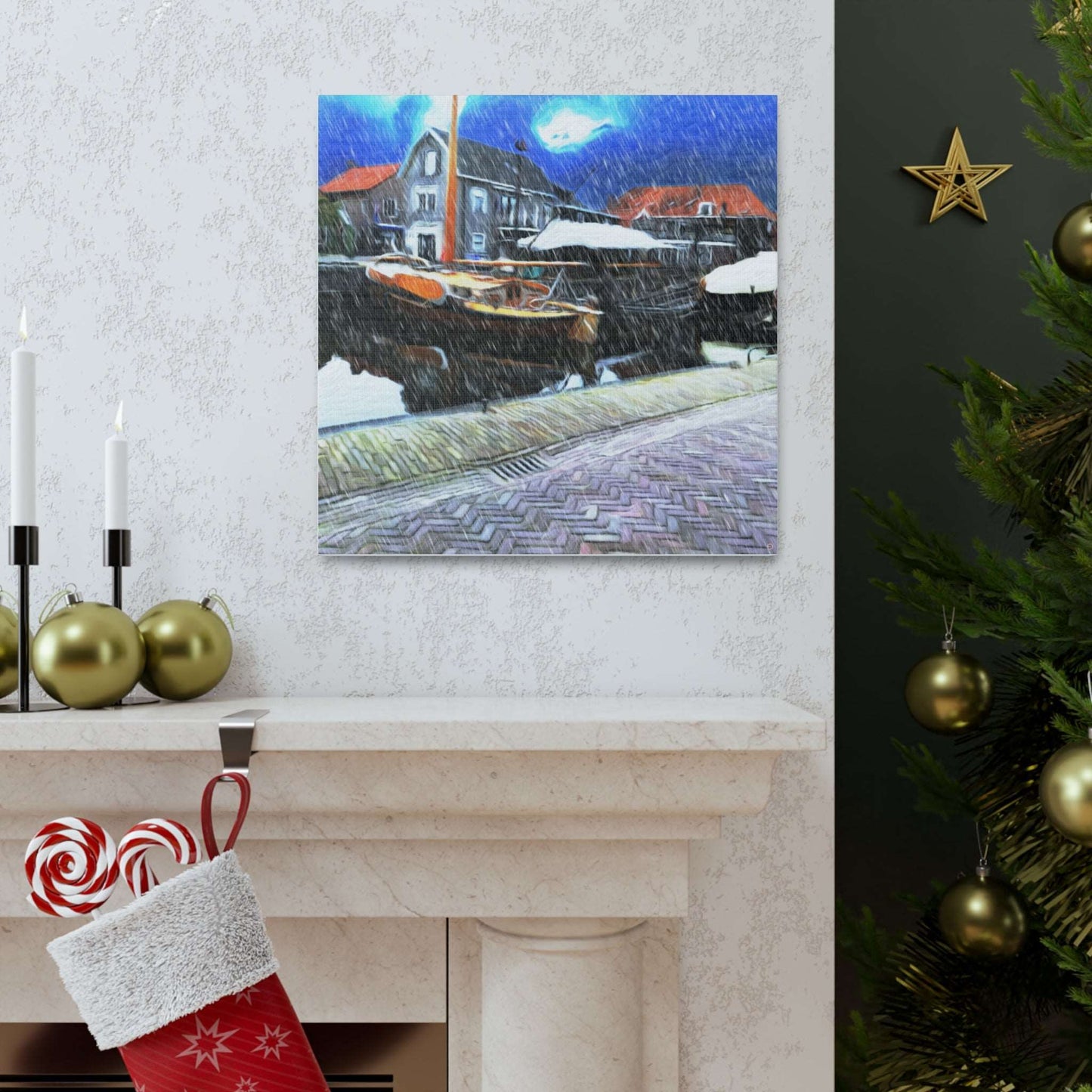 Just Being You, Your Way!-Canvas Wall Art | Fishing village in a snow storm-Canvas Print - FVSS P0P1P2P3