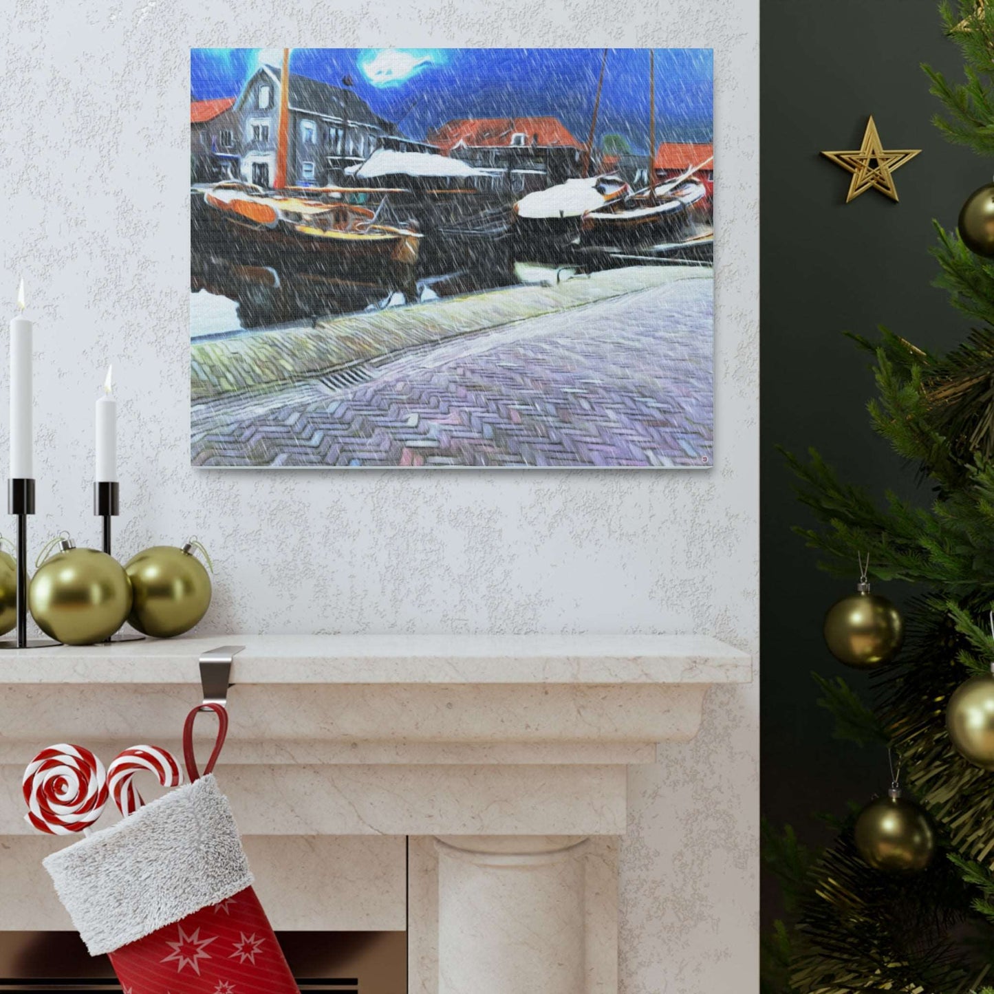 Just Being You, Your Way!-Canvas Wall Art | Fishing village in a snow storm-Canvas Print - FVSS P0P1P2P3